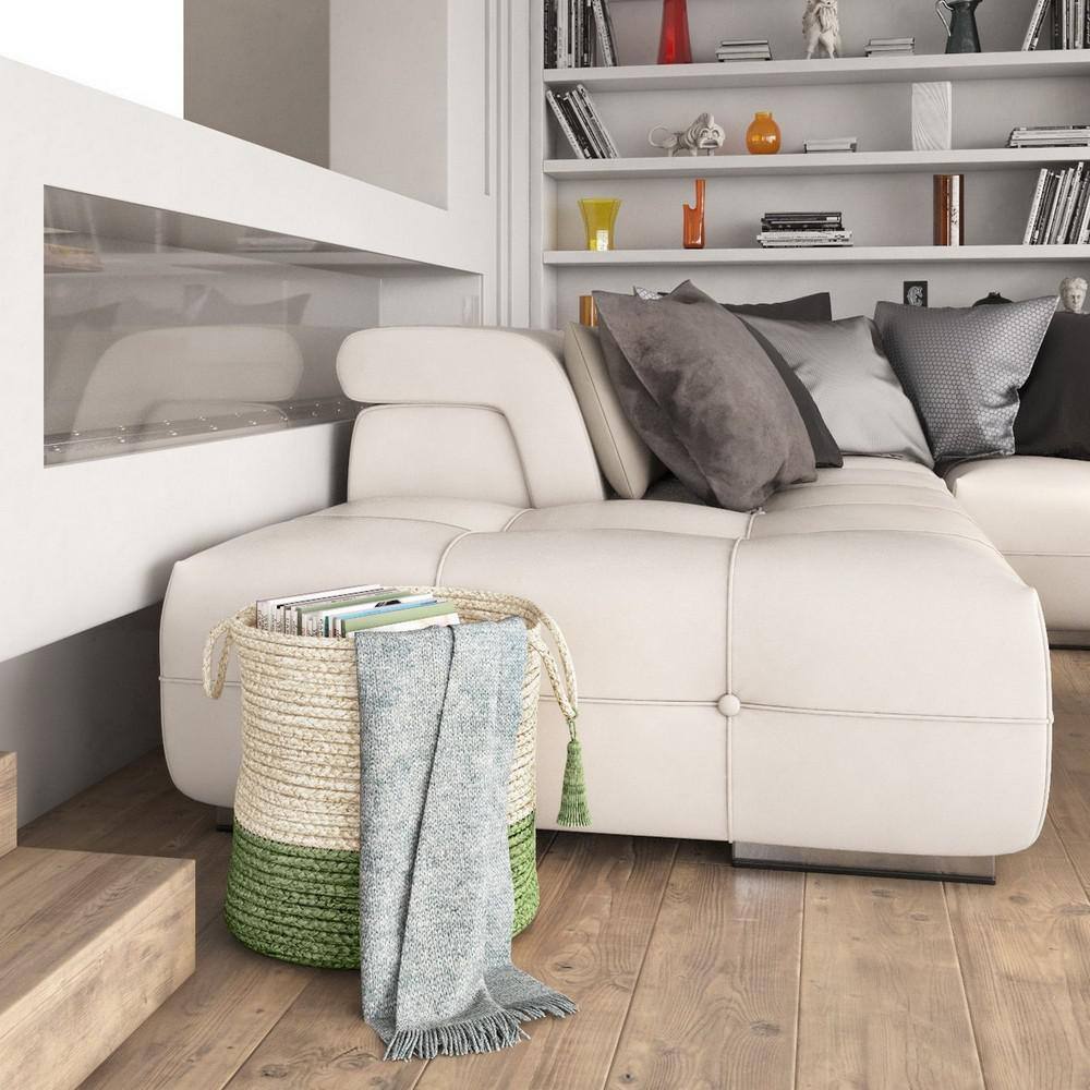 Eco-Friendly Cream & Moss Green Jute Round Storage Basket - 17"