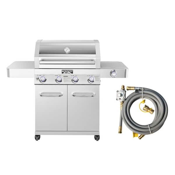 4-Burner Propane Convertible Grill in Stainless with Clear View Lid, LED Controls, Side Burner, and Conversion Kit