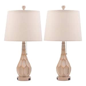26 in. Wood Table Lamp with USB Charging Ports and Fabric Drum Shades