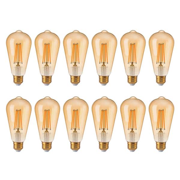 60-Watt Equivalent ST64 Dimmable Straight Filament Amber Glass Vintage Edison E26 LED Light Bulb, 2200K Warm (12-Pack)