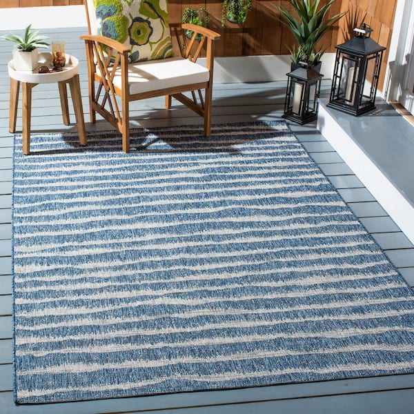 Courtyard Navy/Gray 5 ft. x 8 ft. Wave Striped Indoor/Outdoor Patio  Area Rug