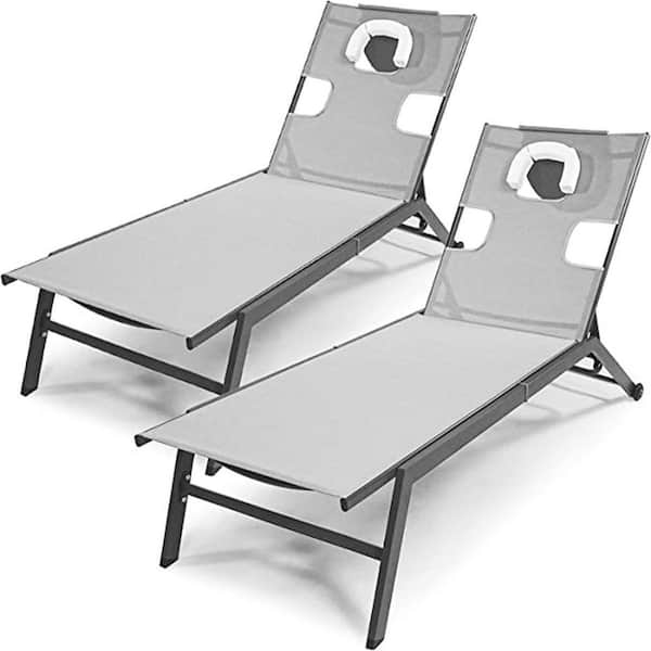 Unbranded Grey Metal Fabric Outdoor Chaise Lounge Chair with Adjustable Backrest(2-Pack)