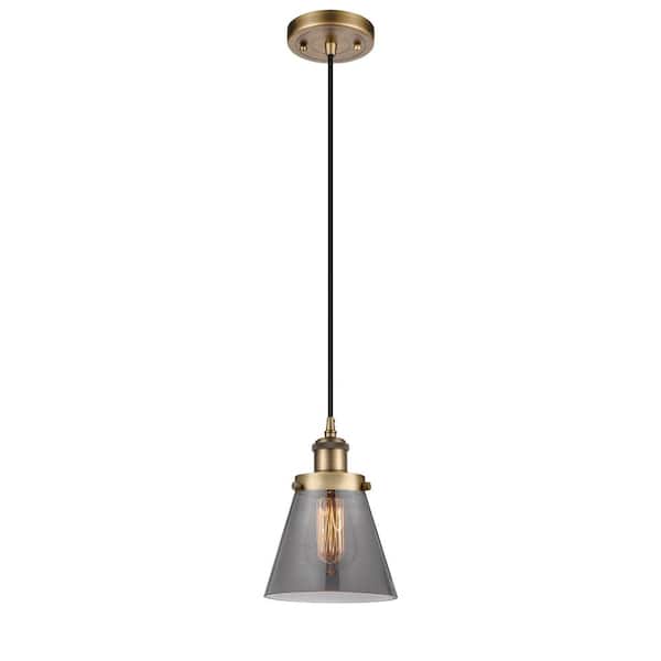 Innovations Cone 60-Watt 1 Light Brushed Brass Shaded Mini Pendant Light with Tinted Glass Shade
