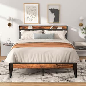 Rustic Brown Steel Frame Upholstered Queen Size Platform Bed with Charging Station and Headboard
