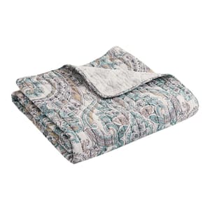 Rome Beige, Blue, White Paisley/Medallion Quilted Cotton Throw Blanket