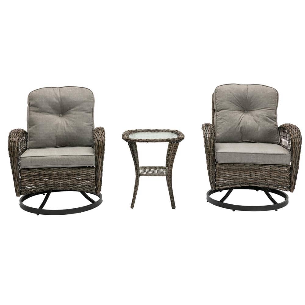 3-Piece Brown Wicker Outdoor Bistro Set with Gray Cushions