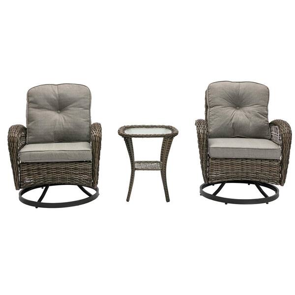 Unbranded 3-Piece Brown Wicker Outdoor Bistro Set with Gray Cushions