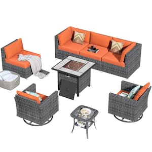 Messi Grey 8-Piece Wicker Outdoor Patio Fire Pit Conversation Sofa Set with Swivel Rocking Chairs & Orange Red Cushions