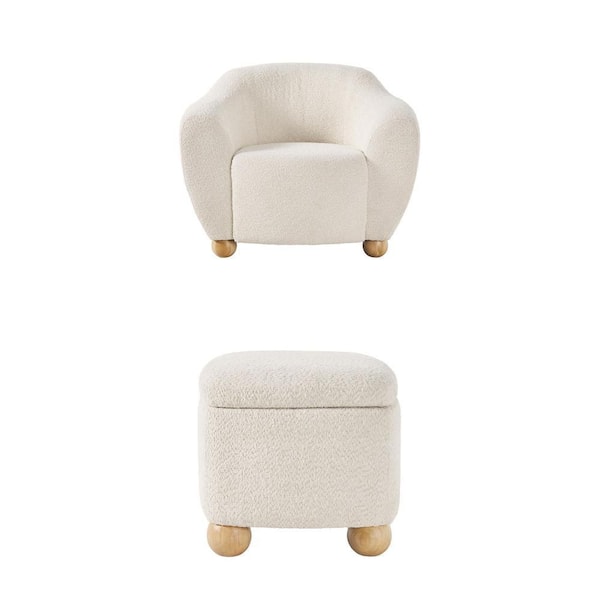 Linley Ivory Boucle Accent Chair with Wood Legs and Square Small Storage Ottoman Combo