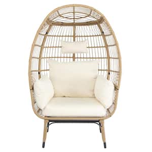 Wicker Egg Chair Outdoor Lounge Chair Basket Chair with Beige Cushion, 440 lbs. Capacity