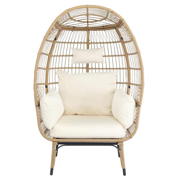 Karl home Wicker Egg Chair Outdoor Lounge Chair Basket Chair with Beige Cushion, 440 lbs. Capacity