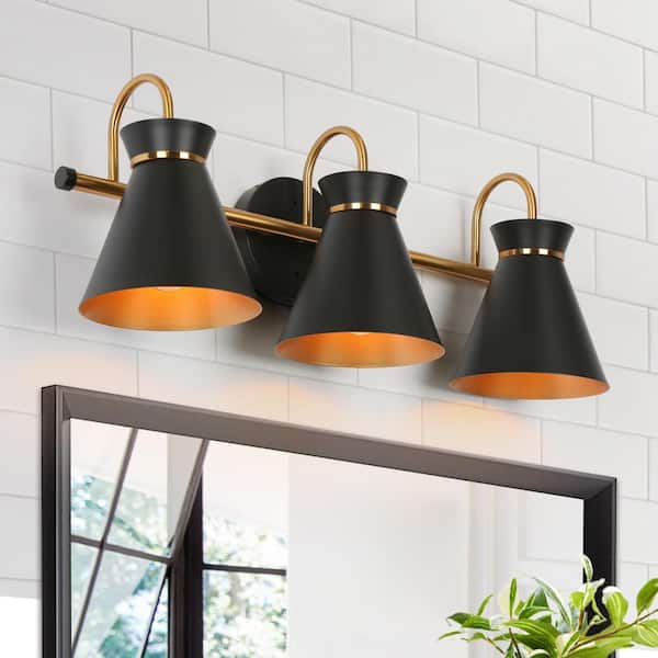 Zevni 23 in. 3-Light Industrial Black Wall Sconce, Brass Vanity Light for Bathrooms, Farmhouse Bath Lighting for Mirrors