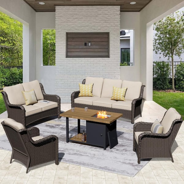 OVIOS Joyo Ung Brown 5-Piece Wicker Outdoor Patio Fire Pit Table Conversation Seating Set with Beige Cushions