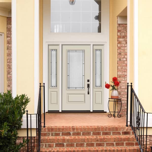 60 in. x 80 in. Left-Hand 3/4 Lite Decorative Glass Wendover Primed Fiberglass Prehung Front Door with Sidelites