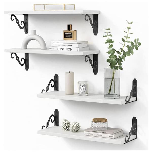Cubilan 17 in. W x 6 in. D White Wood Decorative Wall Shelf Floating Shelves with Brackets Set of 4