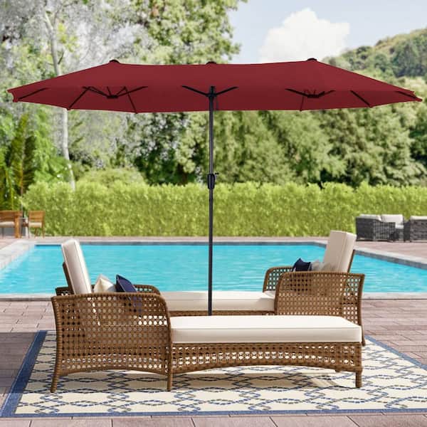 Zeus & Ruta 13 ft. Steel Outdoor Double Sided Market Patio Umbrella with UV Sun Protection and Easy Crank in Red