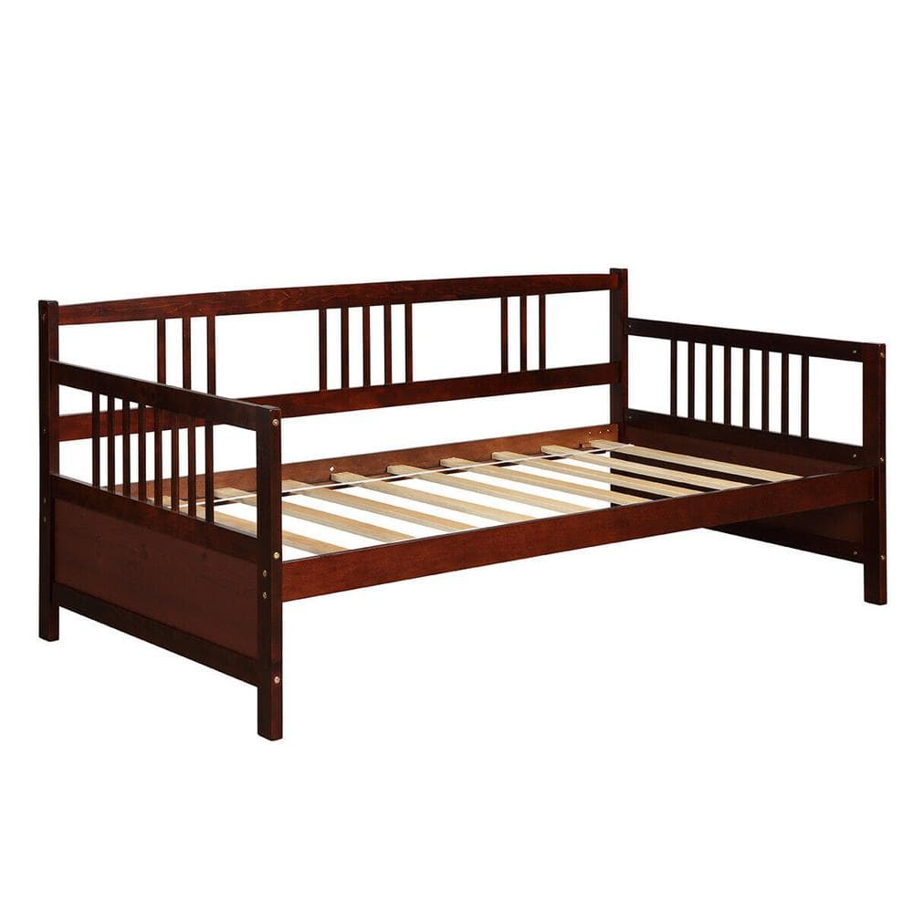 Gymax Twin Size Wooden Slats Daybed Bed Sofa Support Platform Sturdy W/Rails Espresso/White