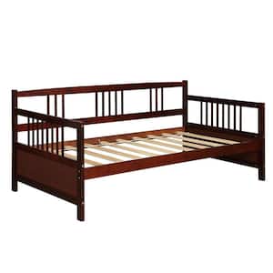 79 in. W Square Arm Fabric Straight Twin Size Wooden Slats Daybed Bed Sofa Support Platform Sturdy with Rails in Brown