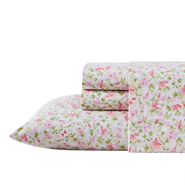 Laura Ashley Norella 4-Piece Pink Cotton Queen Sheet Set