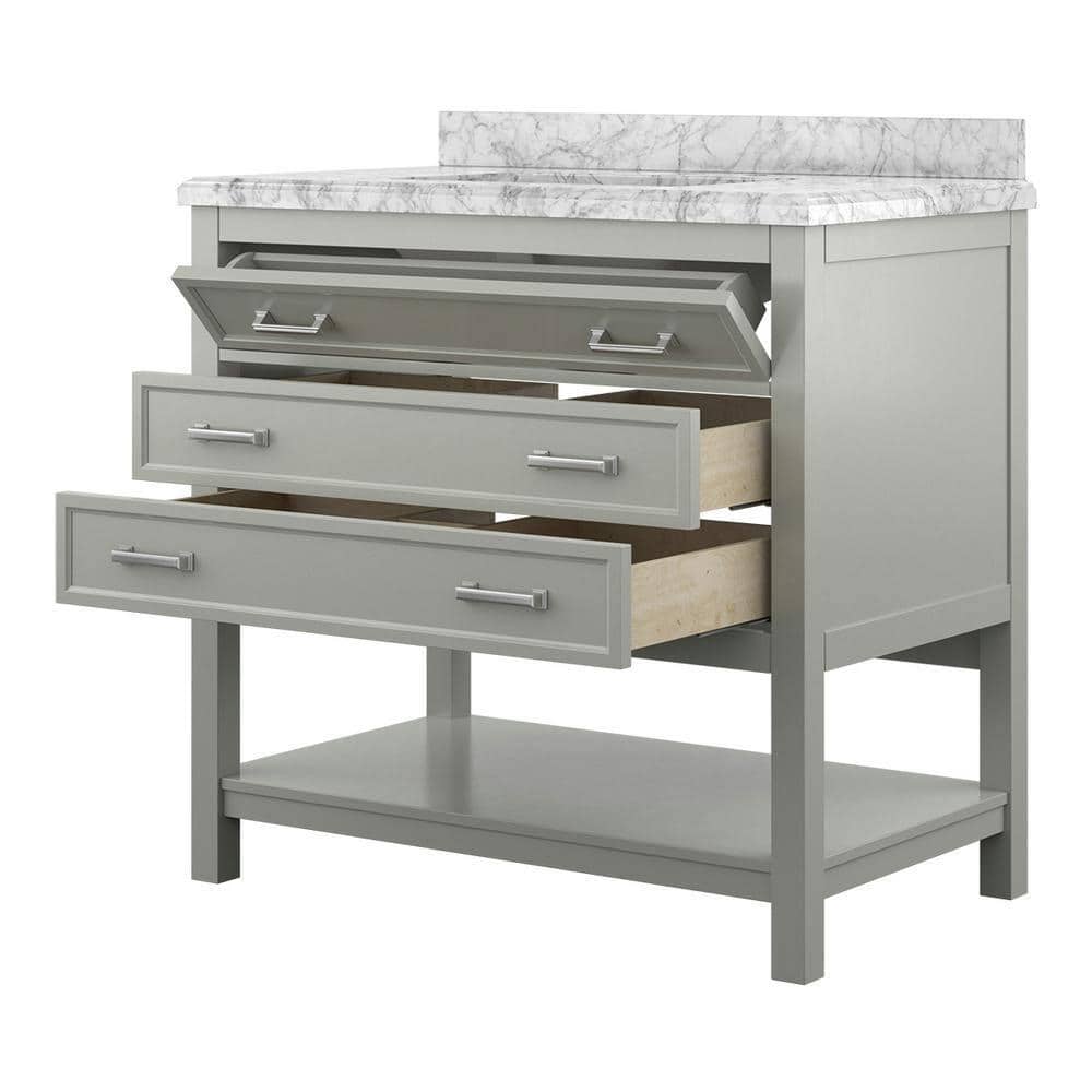 Grey Pine Wood Single Sink Bathroom Vanity with Carrara Marble Top