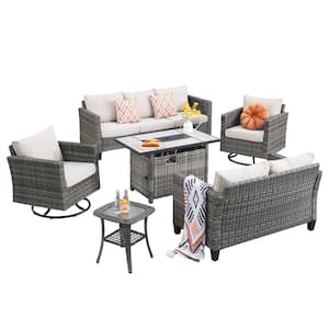 Hyperion 6-Pcs Wicker Patio Rectangular Fire Pit Set and with Beige Cushions and Swivel Rocking Chairs