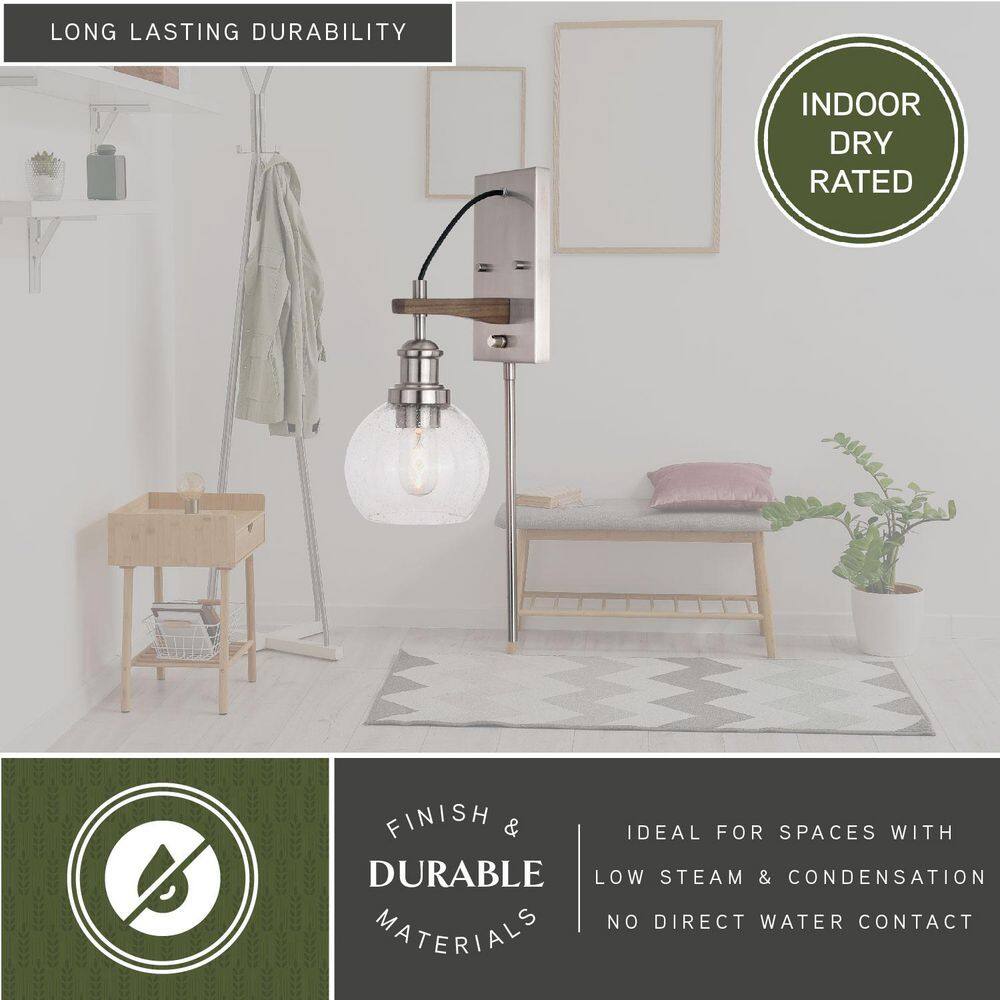 Avondale Rustic Wood & Satin Nickel Dimmable Sconce with Seeded Glass Globe