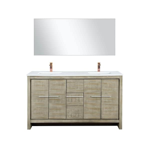 Lafarre 60 in W x 20 in D Rustic Acacia Double Bath Vanity, Cultured Marble Top, Rose Gold Faucet Set and 55 in Mirror