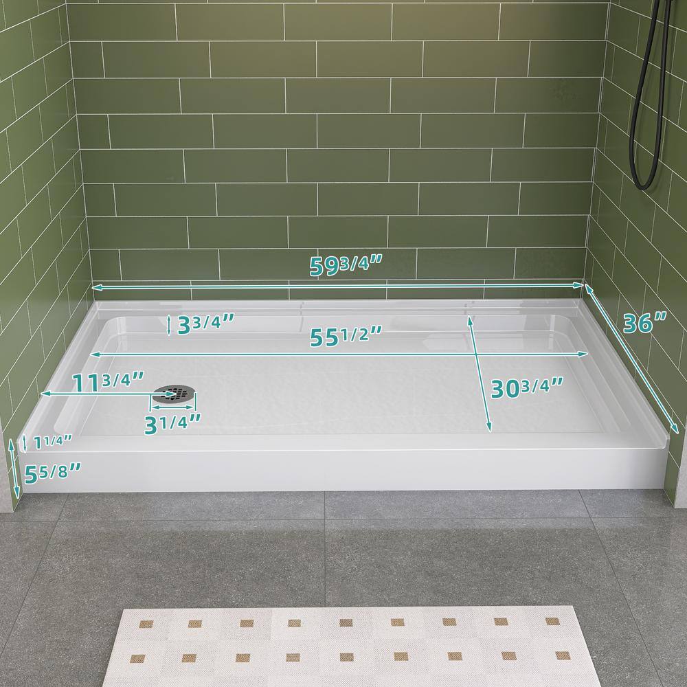 Glossy White Rectangular Acrylic Alcove Shower Base with Left Drain