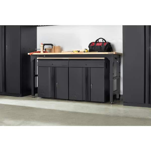 72 in. W x 23 in. D Adjustable Height Black Workbench, Solid Wood Top for Heavy Duty Welded Steel Garage Storage System