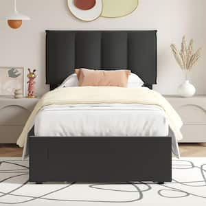 Bed Frame with Storage Drawer, Black Metal Frame Twin Platform Bedframe with Adjustable Headboard & Wooden Slats Support