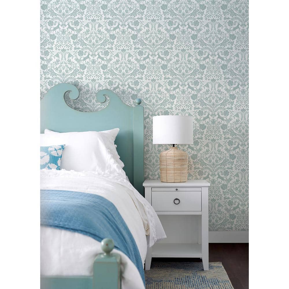 Aqua and White Damask Pre-Pasted Washable Wallpaper
