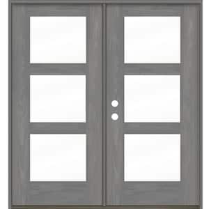 Modern 72 in. x 80 in. 3-Lite Right-Active/Inswing Clear Glass Malibu Grey Stain Double Fiberglass Prehung Front Door