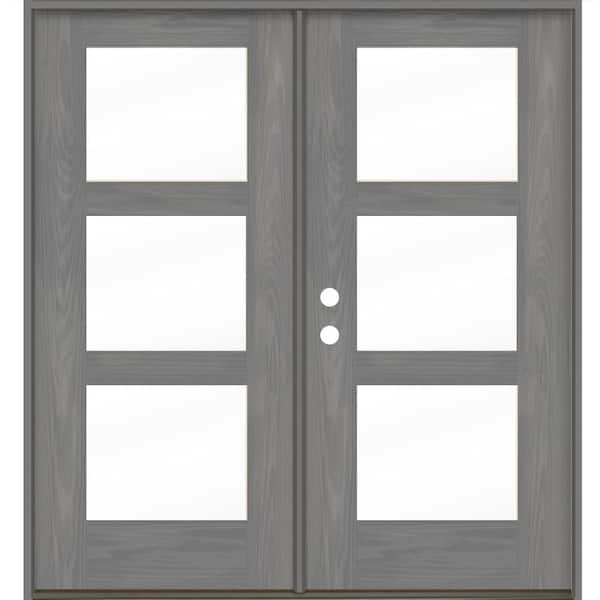 Krosswood Doors Modern 72 in. x 80 in. 3-Lite Right-Active/Inswing Clear Glass Malibu Grey Stain Double Fiberglass Prehung Front Door