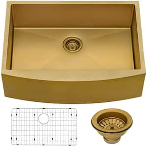 Farmhouse Apron-Front Stainless Steel 33 in. Single Bowl Kitchen Sink in Brass Tone Matte Gold