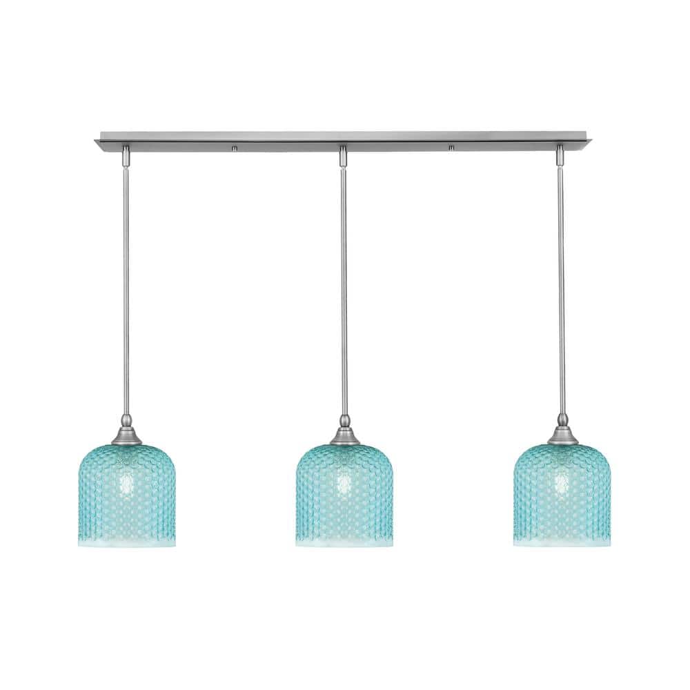 Livingston 100-Watt 3-Light Nickel Shaded Pendant Light with 7 in. Turquois
