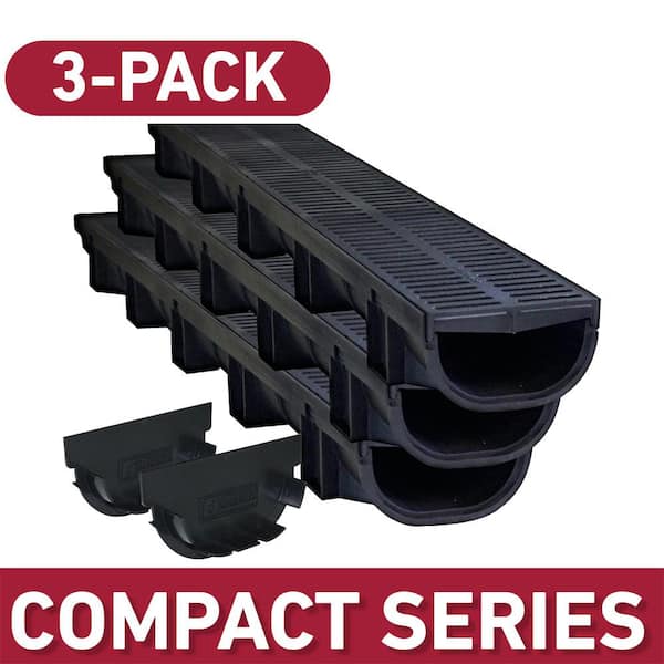 U.S. TRENCH DRAIN Compact Series 5.4 in. W x 3.2 in. D x 39.4 in. L Trench and Channel Drain Kit with Black Grate (3-Pack : 9.8 ft)