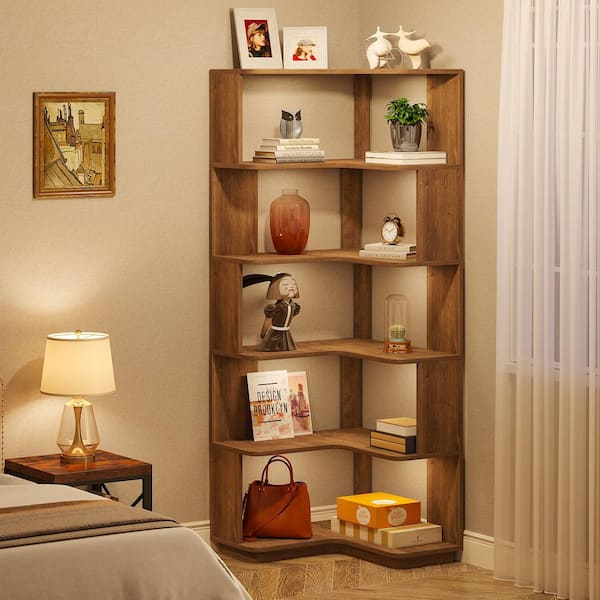 Jannelly 65 in. Tall Light Brown Engineered Wood 6-Shelf Corner Standard Bookcase Bookshelf with Anti-Drop Panel
