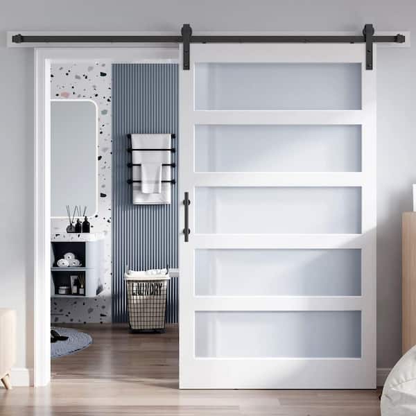 TREEBLING 48 in. x 84 in. 5-Lite Tempered Frosted Glass White Finished Solid Core MDF Wood Sliding Barn Door with Hardware Kit