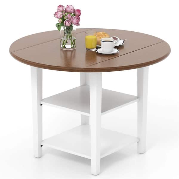 Costway Walnut Wood 42.5 in. Drop Leaf Kitchen 4 legs Dining Table with Storage Shelves Seats 4
