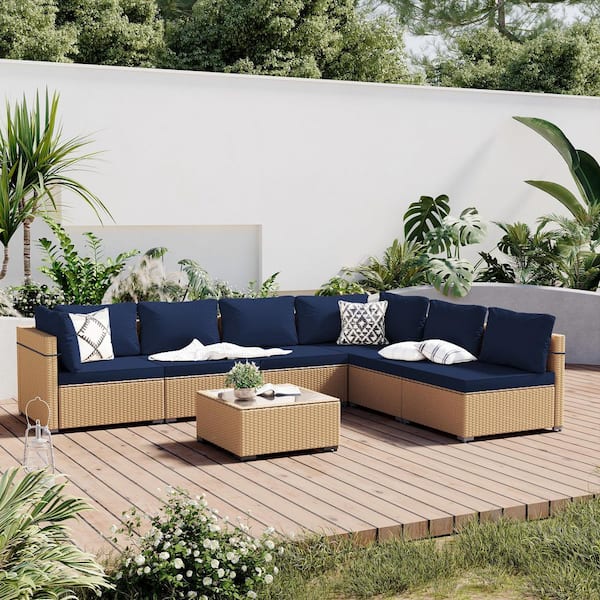 PATIO WATCHER 7-Piece Wicker Patio Conversation Seating Set with Navy Blue Cushions and Coffee Table