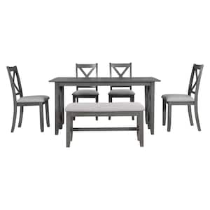 6-Piece Gray Family Dining Room Set Solid Wood Space Saving Foldable Table and 4 Chairs with Bench for Dining Room