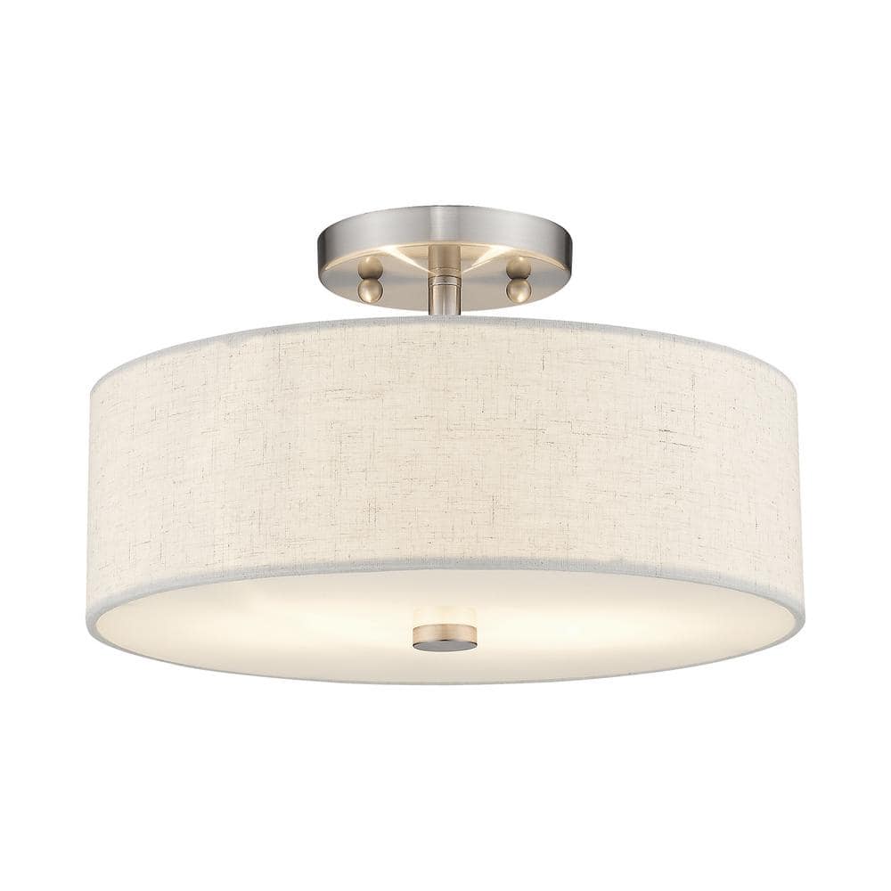 Elegant Meridian Brushed Nickel Drum Ceiling Light with Oatmeal Fabric Shade