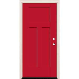 36 in. x 80 in. 3-Panel Craftsman Left-Hand Ruby Red Fiberglass Prehung Front Door w/4-9/16 in. Frame and Bronze Hinges