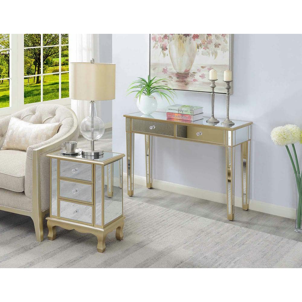 Chic Champagne Mirrored 2-Drawer Console Desk with Crystal Knobs