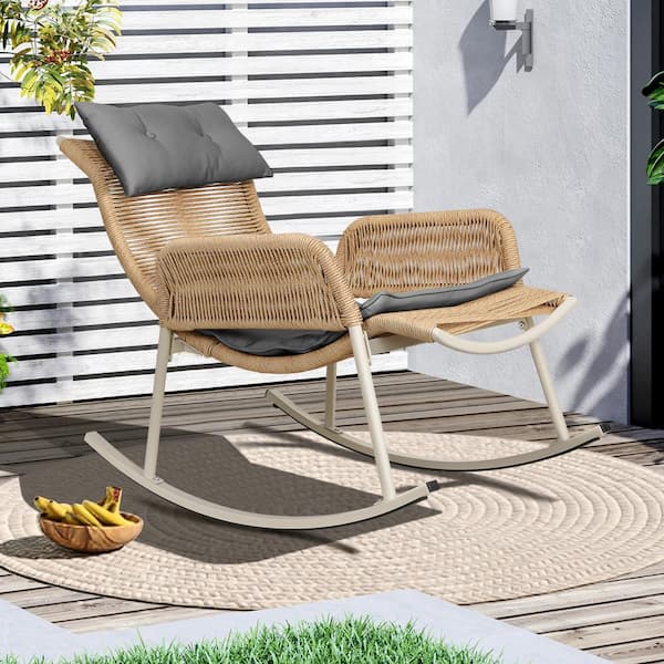 UPHA Wicker Outdoor Rocking Chair Lounge Chair with Gray Cushion