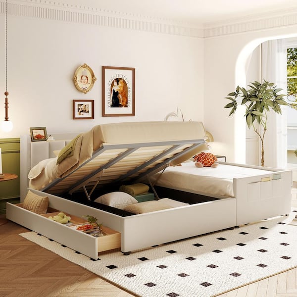 Harper & Bright Designs Beige Wood Frame Queen/Twin XL PU Platform Bed, Mother Child Bed with Hydraulic Storage, 3-Drawers, Sockets USB Ports