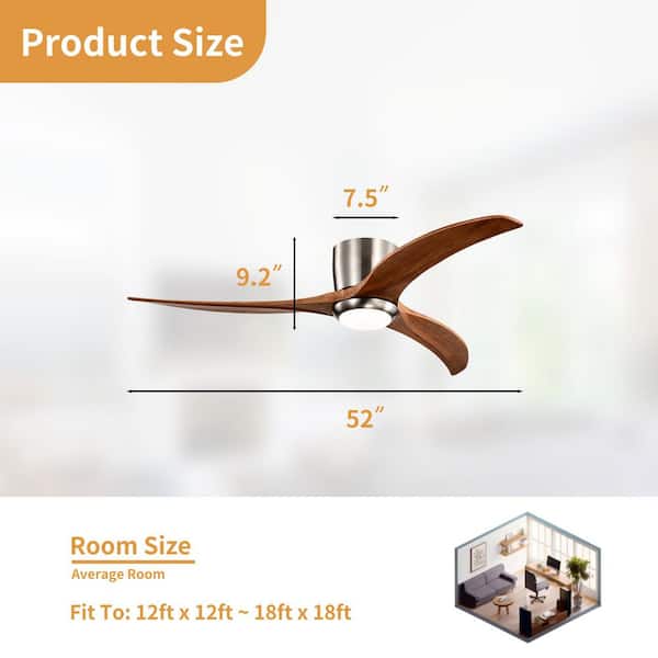 52 in. Integrated LED Indoor Flush Mount Brushed Nickel/Walnut Standard Ceiling Fan with Light and Remote 6-Speed
