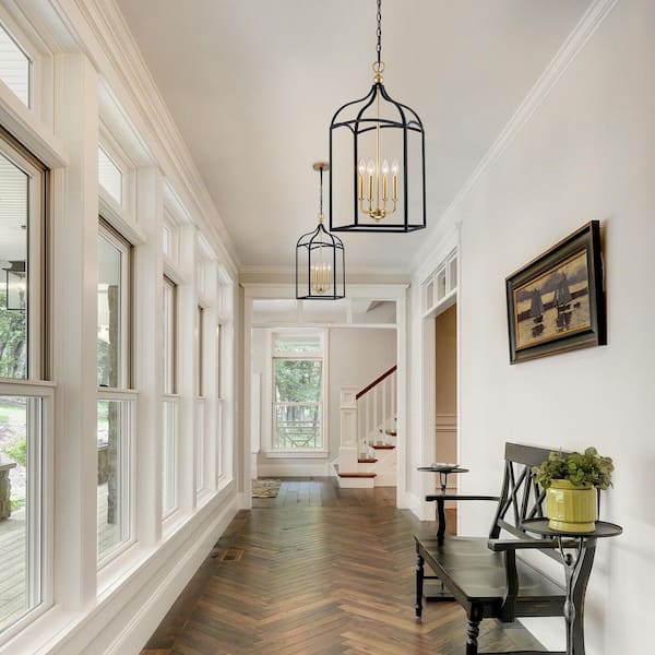ZYZWMB 4-Light Matte Black Rectangle Lantern Chandelier for