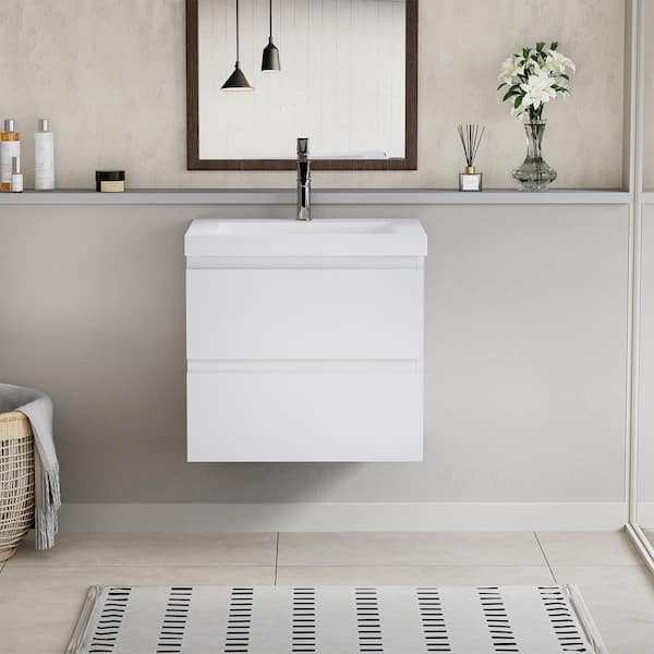 HBEZON Achilles 30 in. W x 20 in. D x 22.5 in. H Single Sink Floating Bath Vanity in Glossy White with White Resin Top