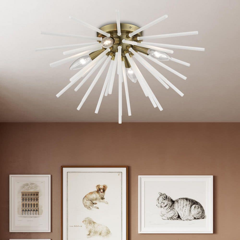 Elegant Uptown Antique Brass 4-Light Flush Mount with Acid Etched Rods